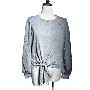 Skonhet Long Sleeve Puff Sleeve with Pearls Front Tie Sweatshirt Size Small